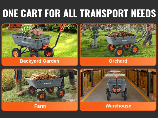 VEVOR dump cart for backyard garden, orchard, farm, and warehouse transport needs.