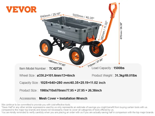 VEVOR dump cart with 1500lbs capacity, 13x4-inch wheels, and mesh cover + installation wrench.