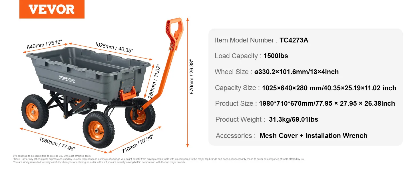 VEVOR dump cart with 1500lbs capacity, 13x4-inch wheels, and mesh cover + installation wrench.