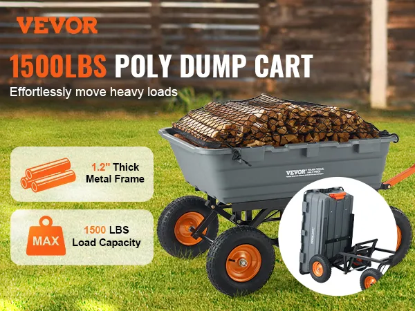 VEVOR dump cart carrying firewood, highlighting 1500 lbs load capacity and 1.2-inch thick metal frame.