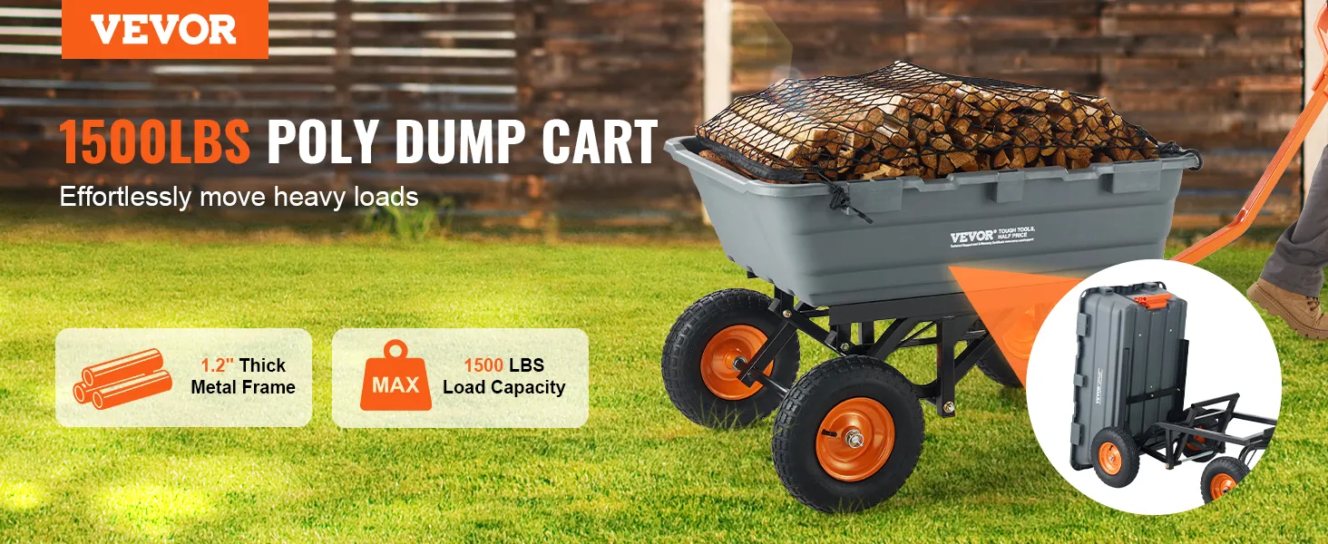 VEVOR dump cart carrying firewood, highlighting 1500 lbs load capacity and 1.2-inch thick metal frame.