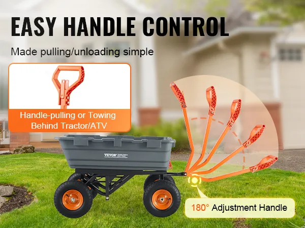 VEVOR dump cart with easy handle control, 180° adjustable handle for pulling or towing, on grass.