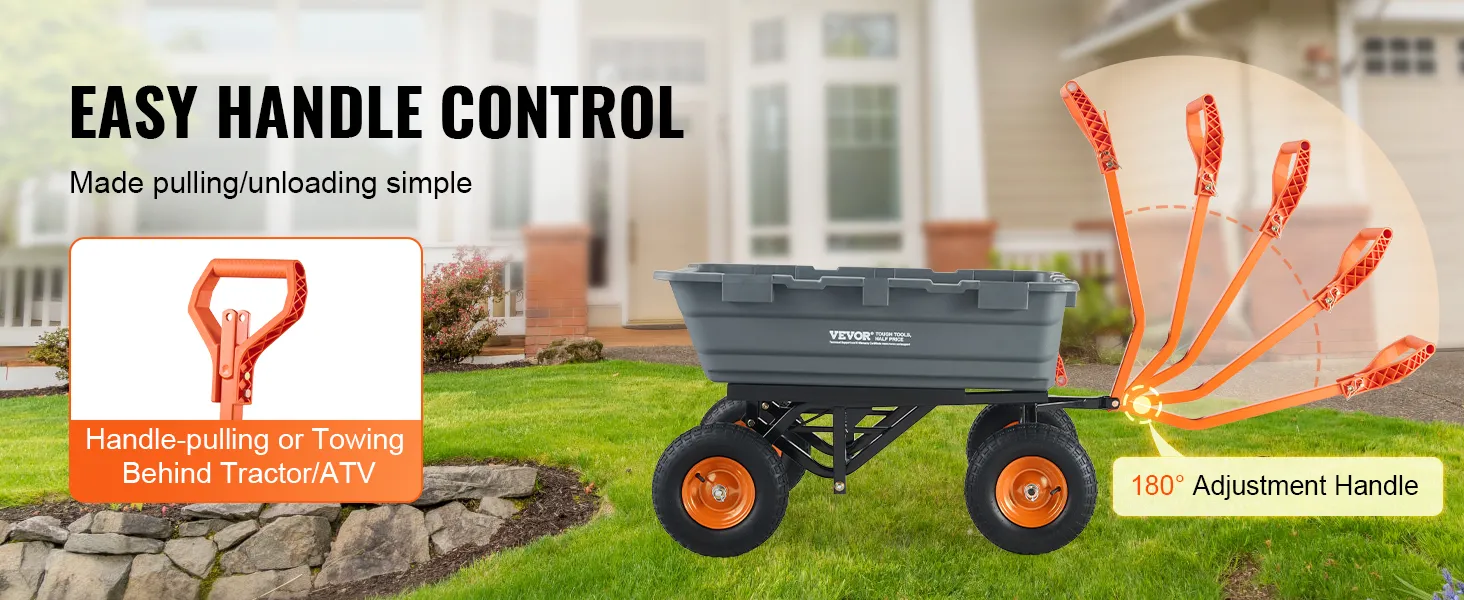 VEVOR dump cart with easy handle control, 180° adjustable handle for pulling or towing, on grass.