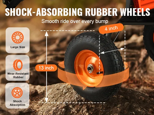 shock-absorbing 13-inch wear-resistant rubber wheels for smooth ride on VEVOR dump cart.