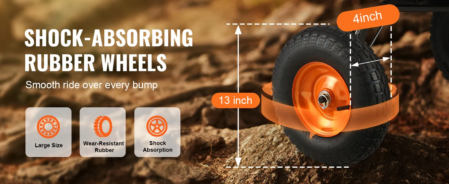 shock-absorbing 13-inch wear-resistant rubber wheels for smooth ride on VEVOR dump cart.