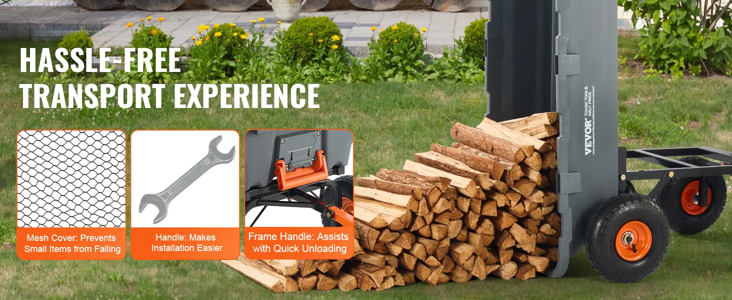 VEVOR dump cart unloading firewood with features: mesh cover, handle, and frame handle for quick unloading.