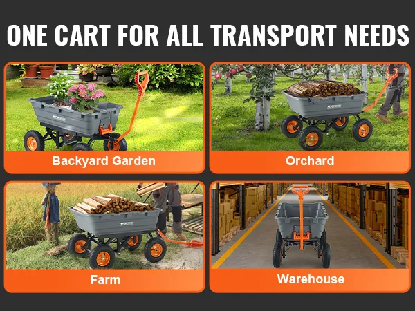 VEVOR dump cart for backyard garden, orchard, farm, and warehouse, showcasing its versatility.