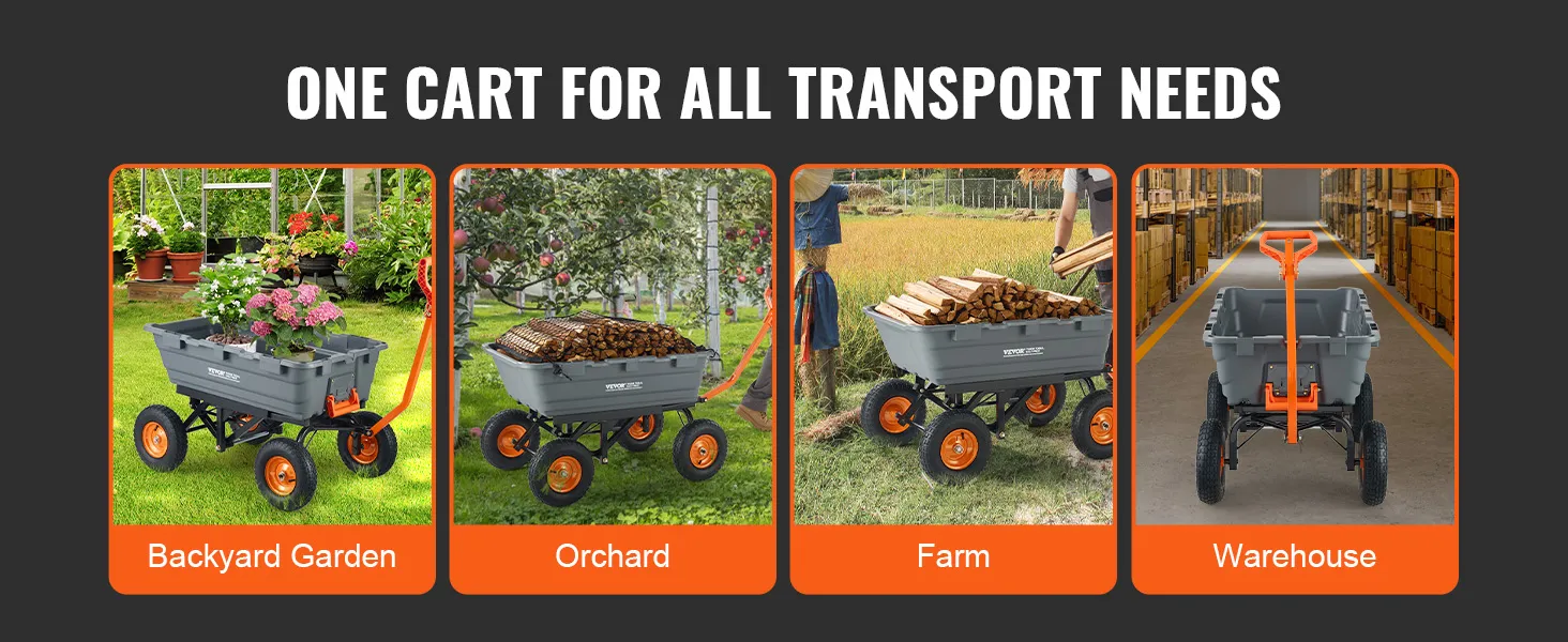 VEVOR dump cart for backyard garden, orchard, farm, and warehouse, showcasing its versatility.