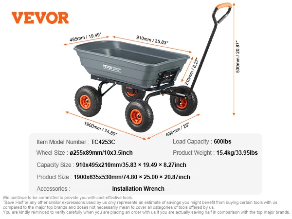VEVOR garden dump cart with 600lb load capacity, 4 wheels, and an ergonomic handle for easy transport.