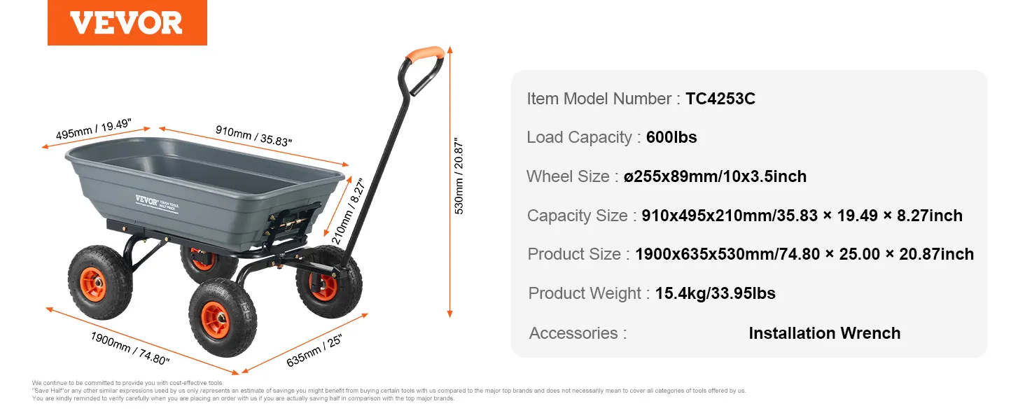 VEVOR garden dump cart with 600lb load capacity, 4 wheels, and an ergonomic handle for easy transport.