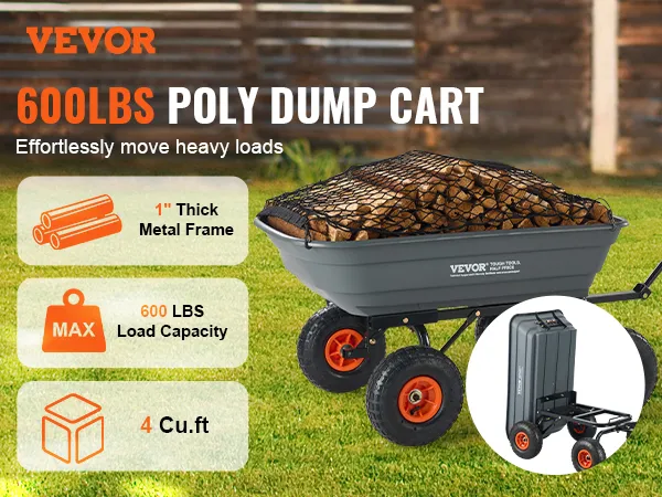 VEVOR garden dump cart with 600 lbs load capacity, thick metal frame, and 4 cu.ft volume.
