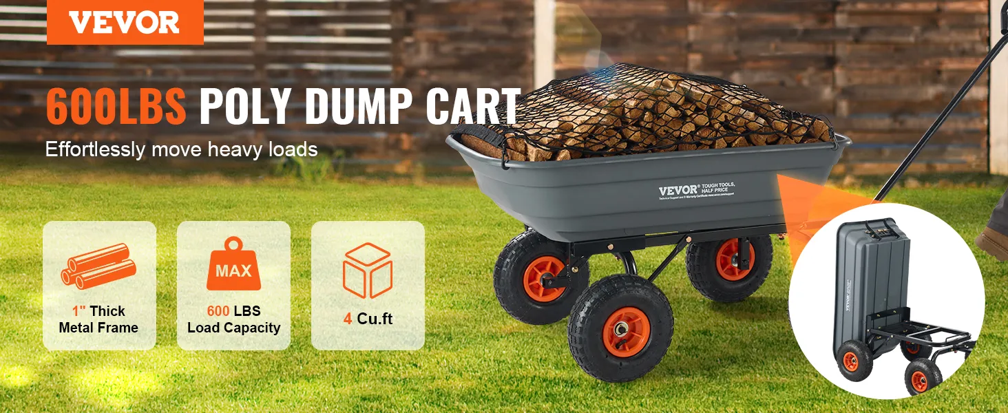 VEVOR garden dump cart with 600 lbs load capacity, thick metal frame, and 4 cu.ft volume.