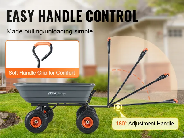 VEVOR garden dump cart with 180° adjustable handle on a lawn in front of a house. soft handle grip detail.