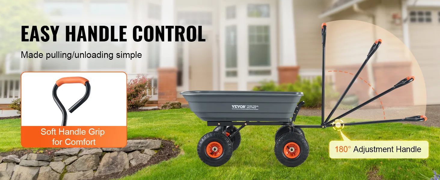 VEVOR garden dump cart with 180° adjustable handle on a lawn in front of a house. soft handle grip detail.