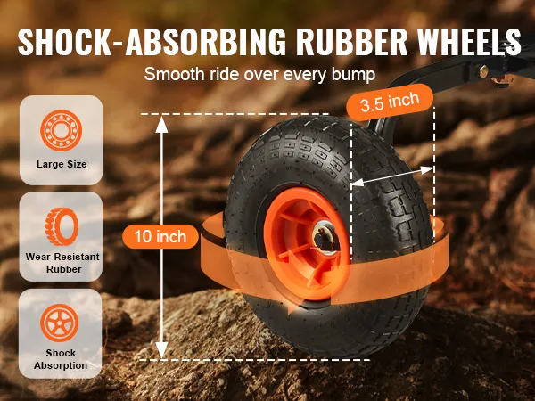 shock-absorbing rubber wheels for VEVOR garden dump cart, 10-inch size ensures a smooth ride over bumps.