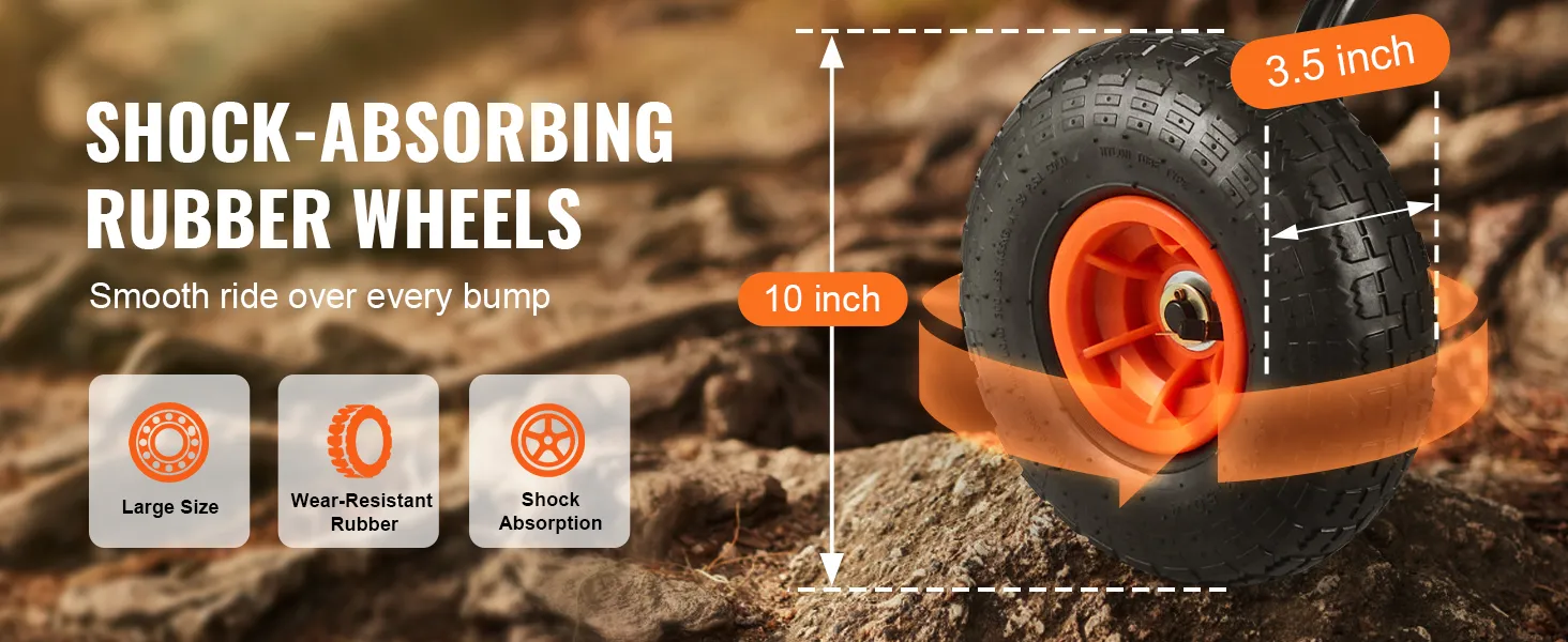 shock-absorbing rubber wheels for VEVOR garden dump cart, 10-inch size ensures a smooth ride over bumps.