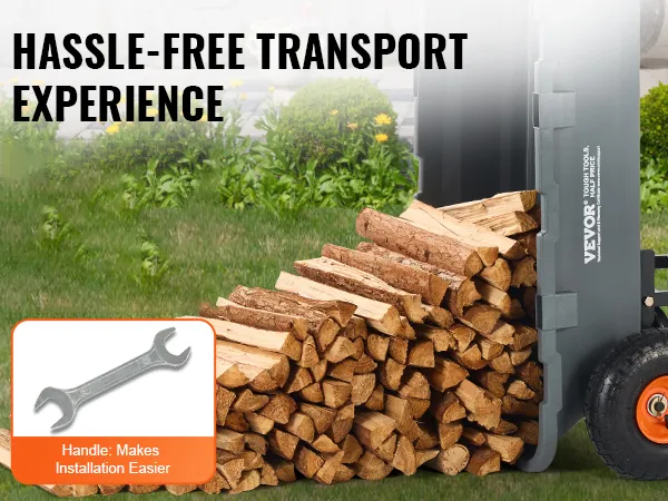 VEVOR garden dump cart unloading firewood with mesh cover, wrench, and frame handle for easy use.