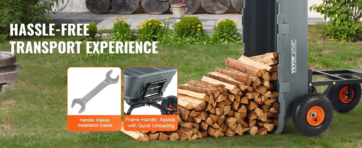 VEVOR garden dump cart unloading firewood with mesh cover, wrench, and frame handle for easy use.