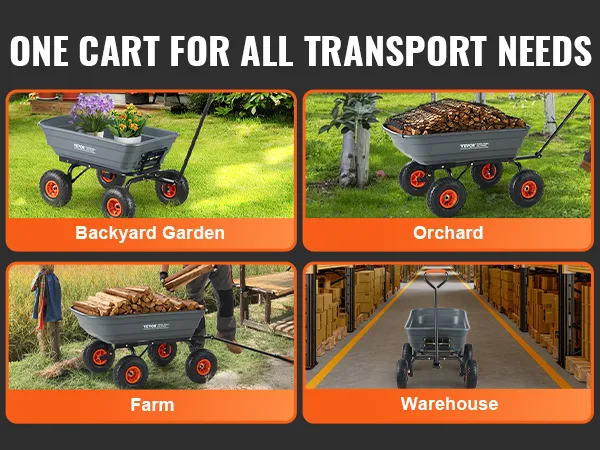 VEVOR garden dump cart demonstrating versatility in backyard garden, orchard, farm, and warehouse.