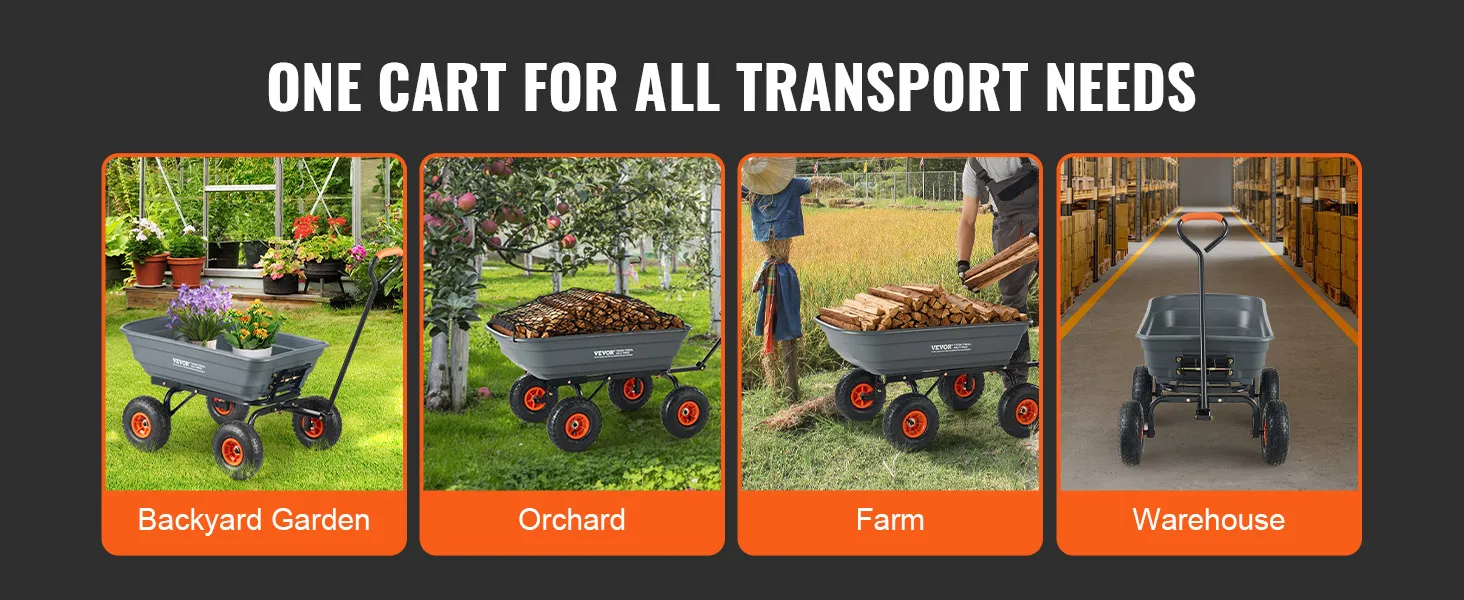 VEVOR garden dump cart demonstrating versatility in backyard garden, orchard, farm, and warehouse.
