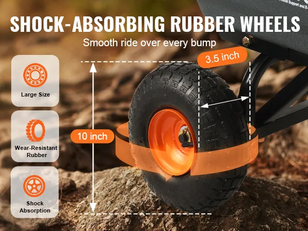 shock-absorbing 10-inch rubber wheels with 3.5-inch width, ensuring smooth ride for VEVOR dump cart.