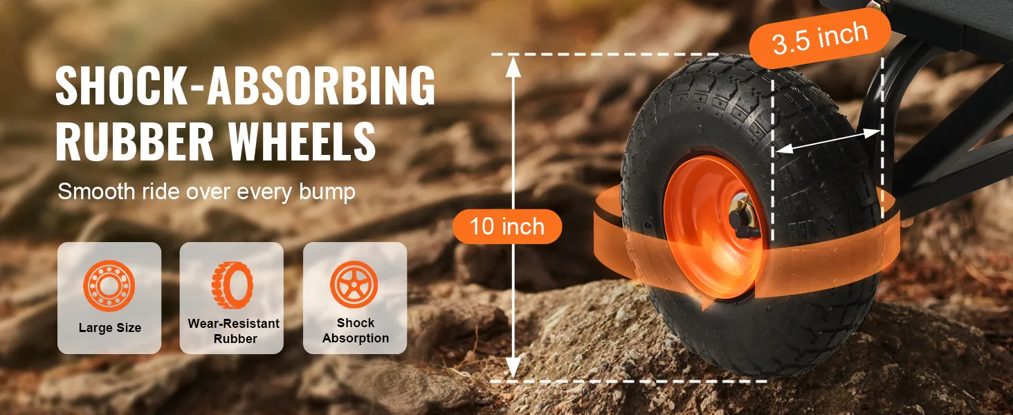 shock-absorbing 10-inch rubber wheels with 3.5-inch width, ensuring smooth ride for VEVOR dump cart.