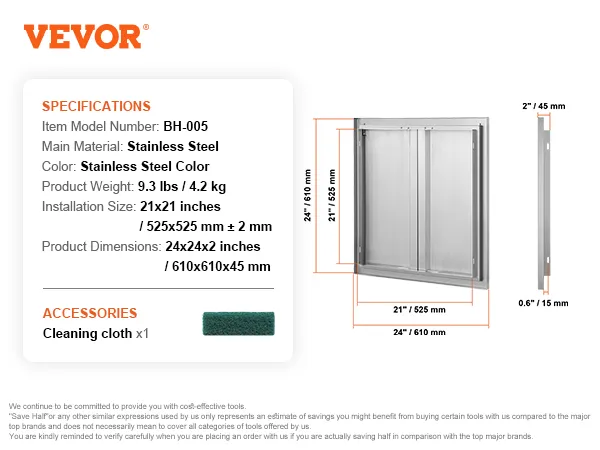 VEVOR bbq access door, stainless steel, 24"x21", 9.3 lbs, includes cleaning cloth.
