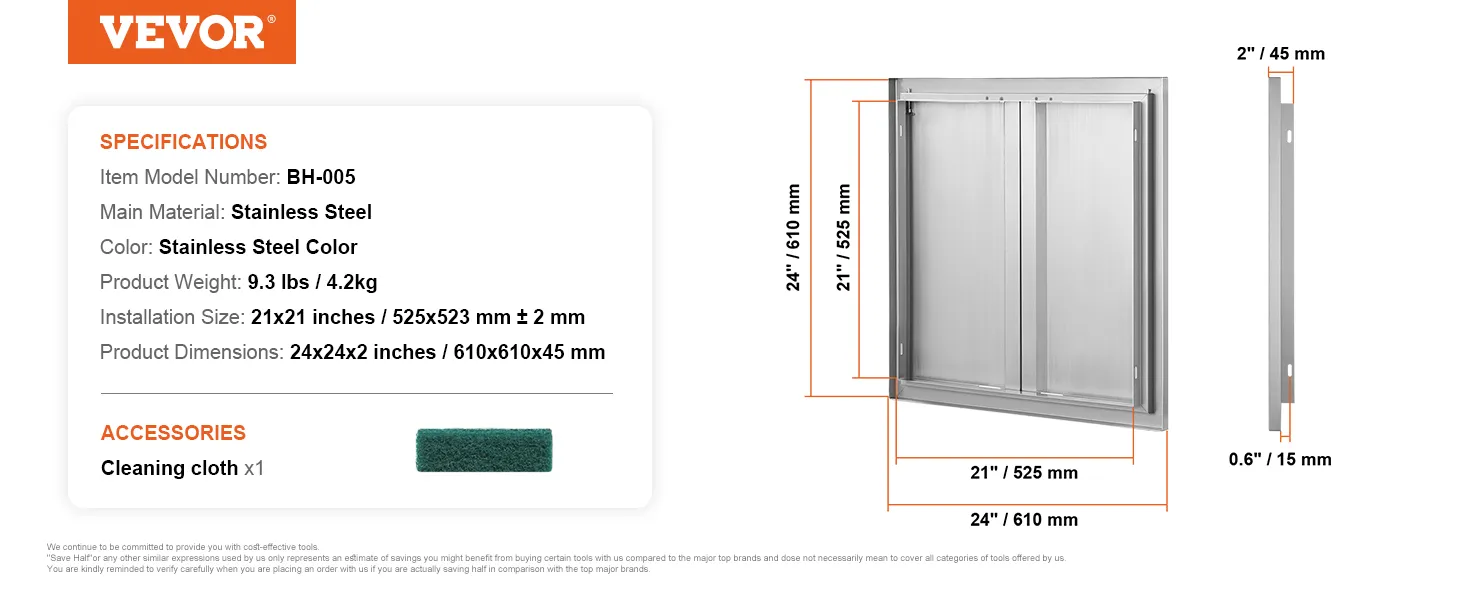 VEVOR bbq access door, stainless steel, 24"x21", 9.3 lbs, includes cleaning cloth.