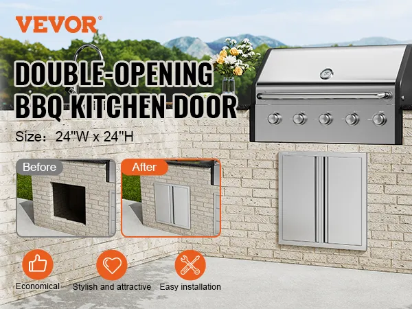 VEVOR bbq access door showcased in a brick outdoor kitchen, highlighting before and after installation.