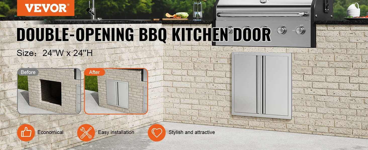 VEVOR bbq access door showcased in a brick outdoor kitchen, highlighting before and after installation.