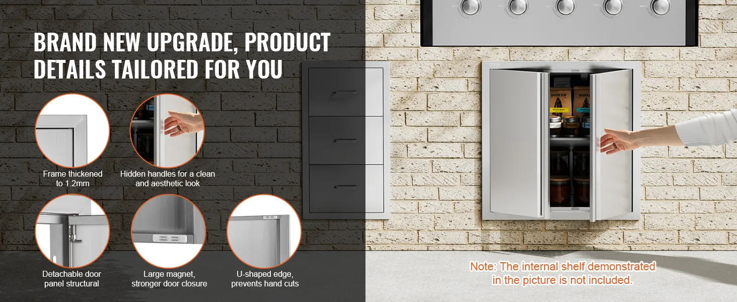 VEVOR bbq access door with thick 1.2mm frame, hidden handles, strong magnet, u-shaped edge for safety.