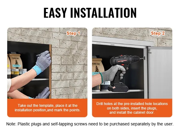 easy installation steps for the VEVOR bbq access door: marker points, drill holes, insert plugs.