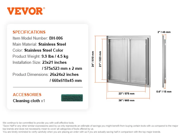 Drzwiczki do grilla VEVOR, stal nierdzewna, 26x24x2 cale, w zestawie ściereczka do czyszczenia, model bh-006.