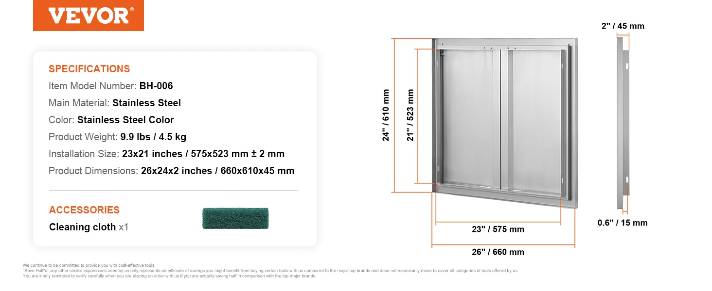 Drzwiczki do grilla VEVOR, stal nierdzewna, 26x24x2 cale, w zestawie ściereczka do czyszczenia, model bh-006.