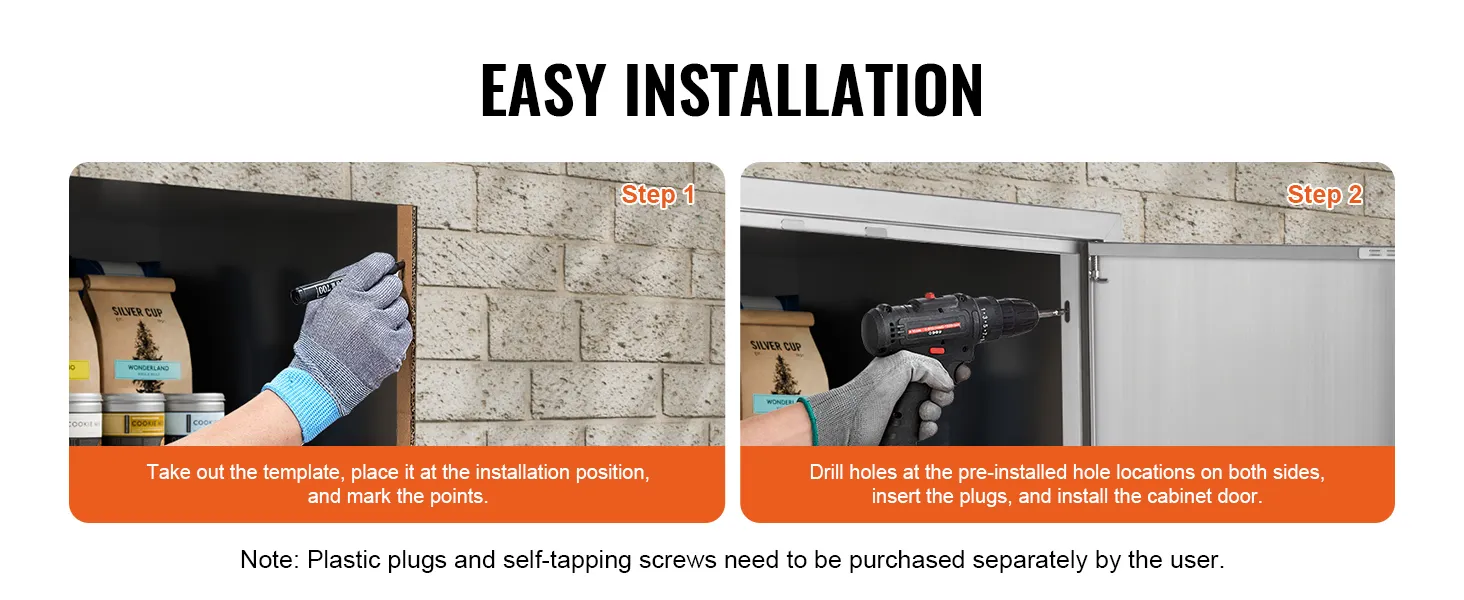 Etapy montażu drzwiczek dostępowych do grilla VEVOR: zaznacz punkty na szablonie, wywierć otwory i zamontuj drzwiczki.