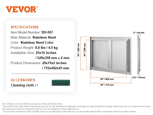 VEVOR bbq access door bh-007, stainless steel, 25x16 inches, includes cleaning cloth.