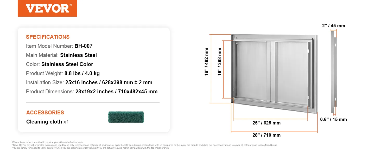 VEVOR bbq access door bh-007, stainless steel, 25x16 inches, includes cleaning cloth.