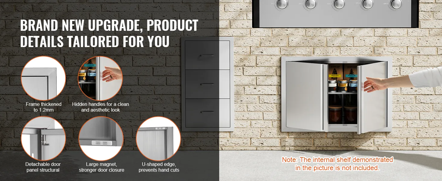 VEVOR bbq access door with thickened frame, hidden handles, and strong door closure, open to reveal jars.
