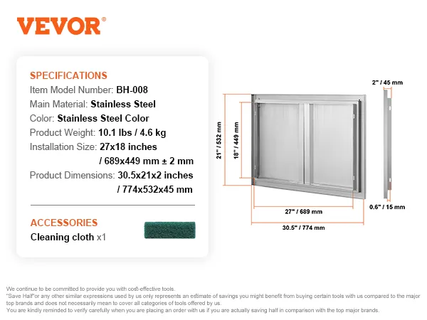 VEVOR Grill-Zugangstür, Edelstahl, Maße 30,5 x 21 x 0,6 Zoll, inklusive Reinigungstuch.