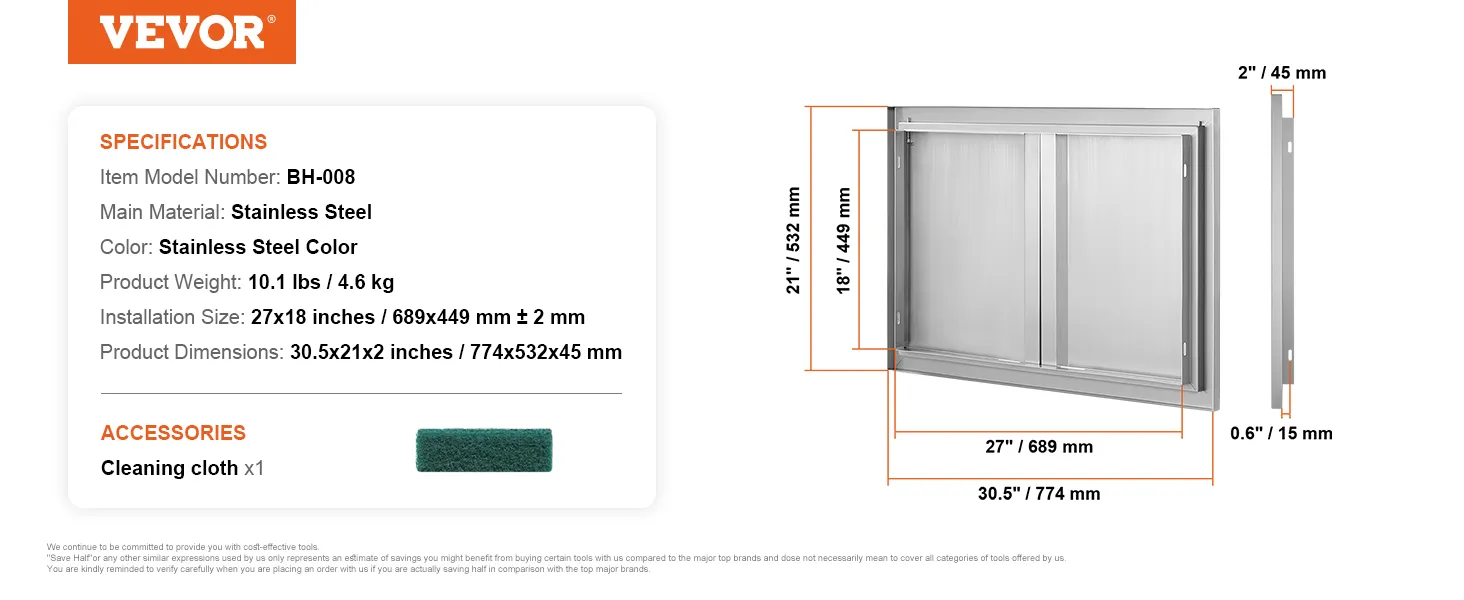 VEVOR Grill-Zugangstür, Edelstahl, Maße 30,5 x 21 x 0,6 Zoll, inklusive Reinigungstuch.