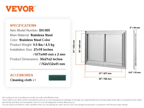 VEVOR Grill-Zugangstür, Edelstahl, Modell bh-009, Maße 30 x 21 x 2 Zoll, inklusive Reinigungstuch.