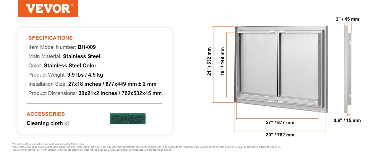 VEVOR Grill-Zugangstür, Edelstahl, Modell bh-009, Maße 30 x 21 x 2 Zoll, inklusive Reinigungstuch.