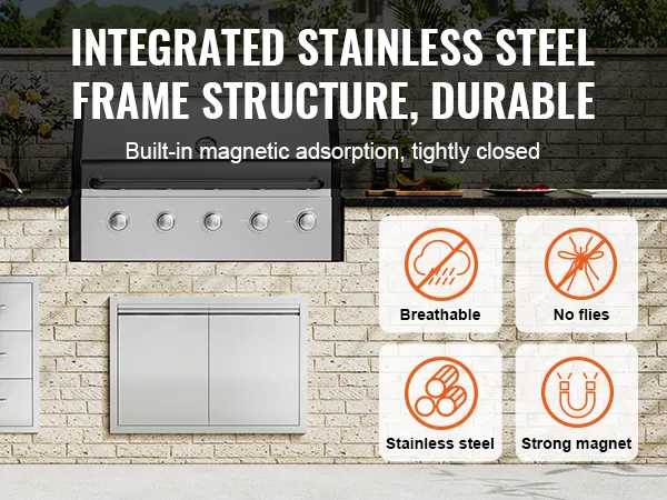 VEVOR-Grill-Zugangstür mit integrierter magnetischer Adsorption an einer Ziegelwand, mit atmungsaktiven, fliegenfreien Edelstahl- und starken Magnetsymbolen.