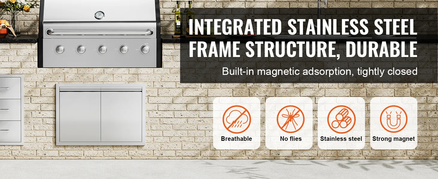 VEVOR-Grill-Zugangstür mit integrierter magnetischer Adsorption an einer Ziegelwand, mit atmungsaktiven, fliegenfreien Edelstahl- und starken Magnetsymbolen.