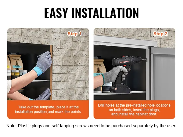 Einfache Installationsanleitung für die VEVOR-Grill-Zugangstür, mit Bohrschritten und erforderlichen Kunststoffdübeln.