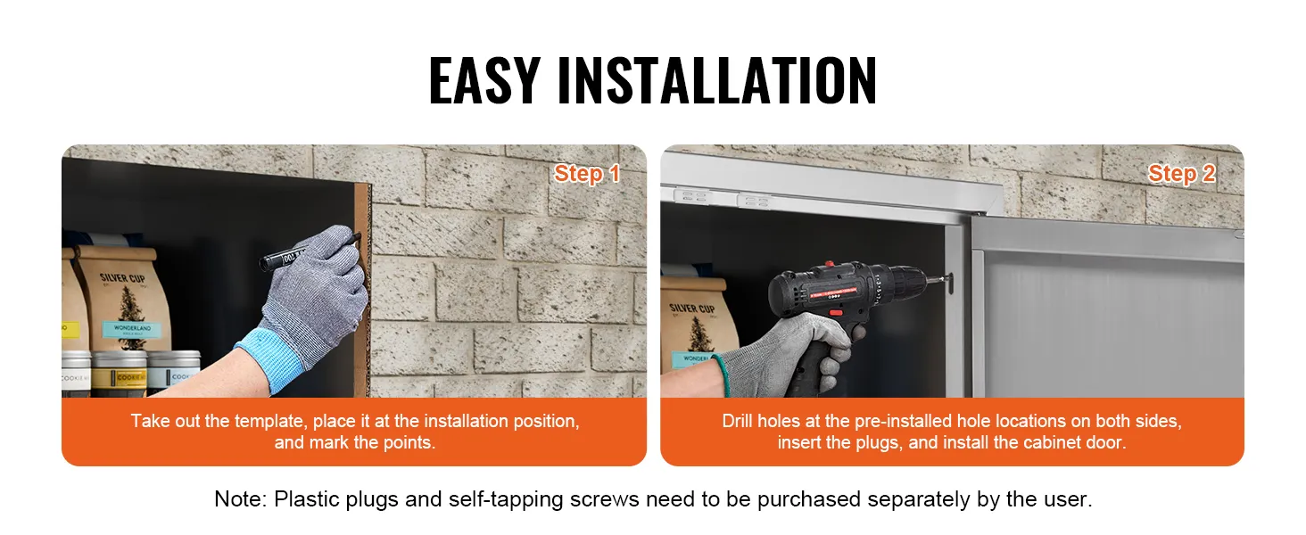 Einfache Installationsanleitung für die VEVOR-Grill-Zugangstür, mit Bohrschritten und erforderlichen Kunststoffdübeln.