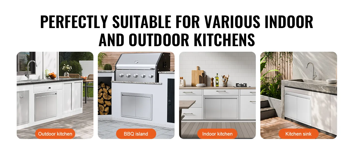 Außen- und Innenküchen mit VEVOR-Grill-Zugangstür unter Arbeitsplatten und Spülen.