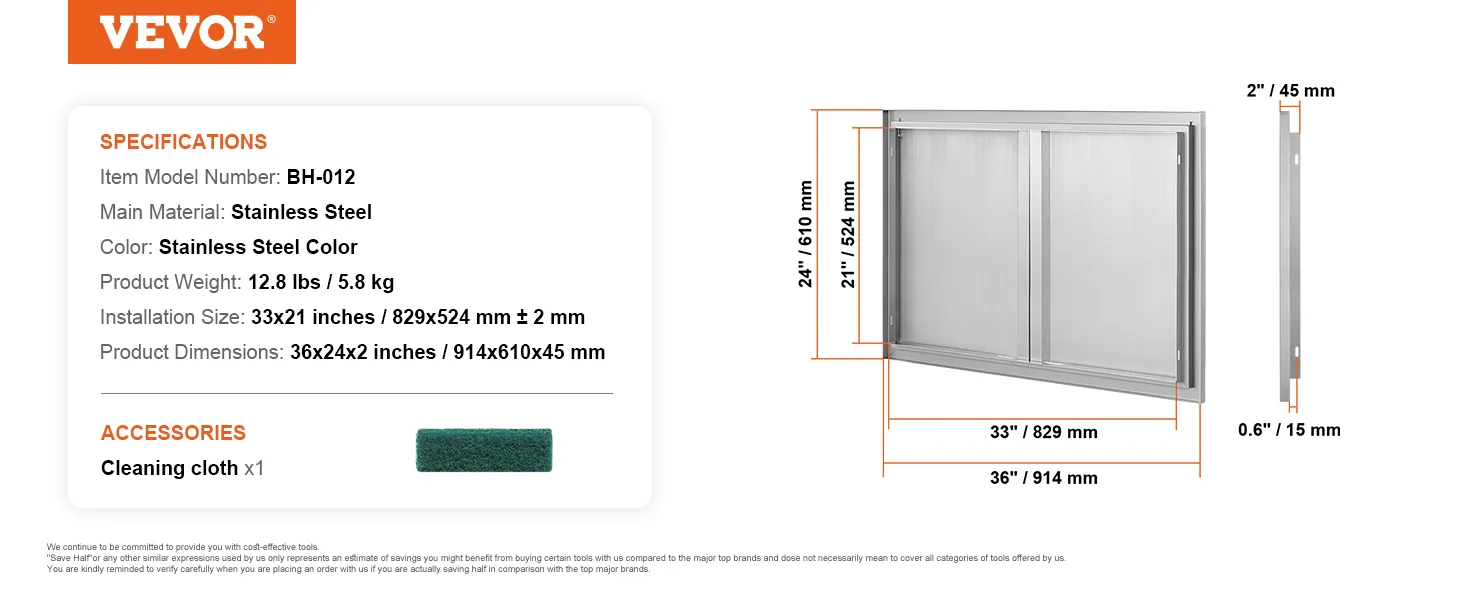 VEVOR bbq access door - stainless steel, 36x24x2 in, with 33x21 in installation size. model: bh-012.