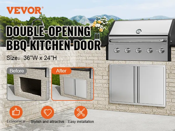 VEVOR bbq access door: 36"w x 24"h, double-opening, easy installation, stylish, and economical.