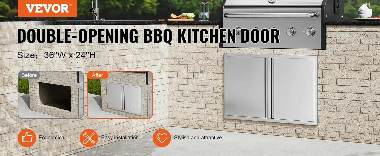 VEVOR bbq access door: 36"w x 24"h, double-opening, easy installation, stylish, and economical.